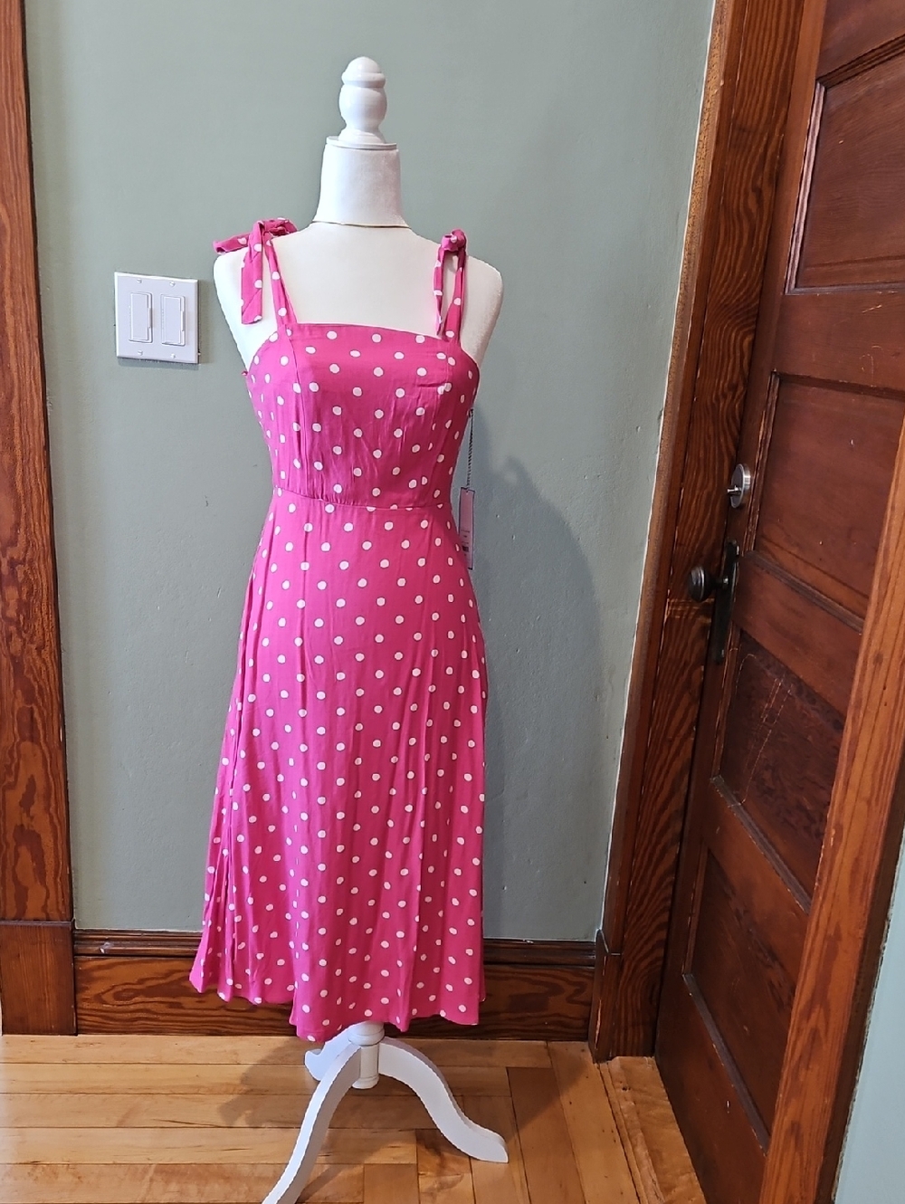 Draper James Pink and White Polka Dot Bow-Strap Midi Dress